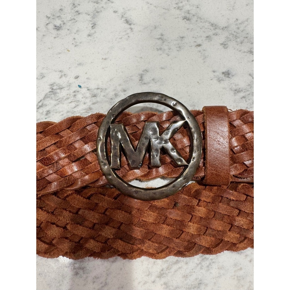Michael Kors Brown Braided Genuine Leather Belt MK Logo Buckle 552518 Medium